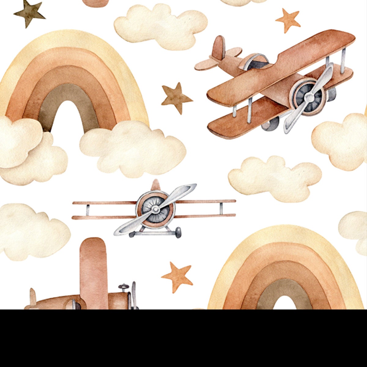 Vintage Watercolor Baby Print of Airplane, Rainbow, Clouds, Stars Wallpaper Nursery Mural