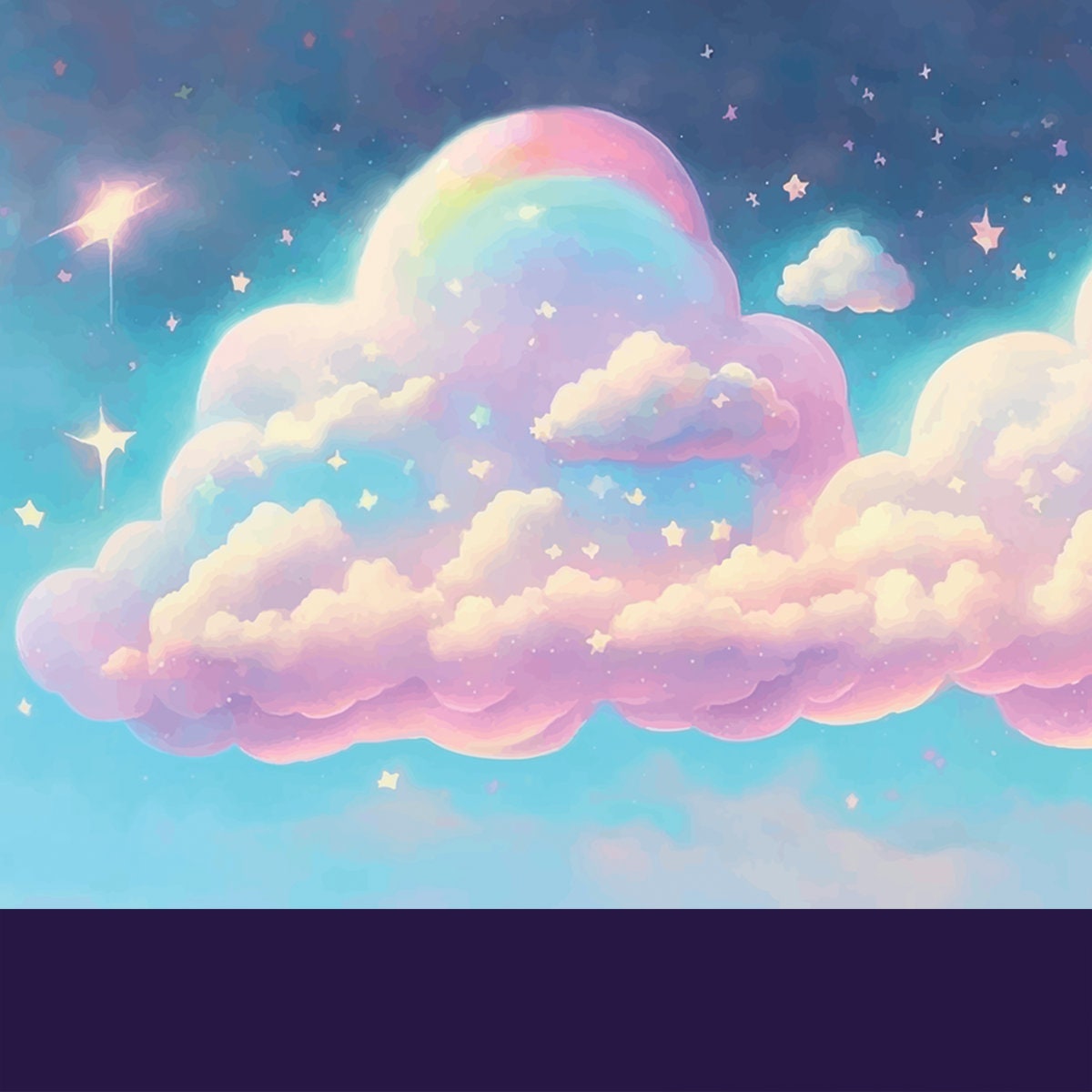 Rainbow White Fluffy Clouds Sky with Stars. Fairy Tale Cartoon Pastel Pink Blue Heaven Wallpaper Nursery Mural
