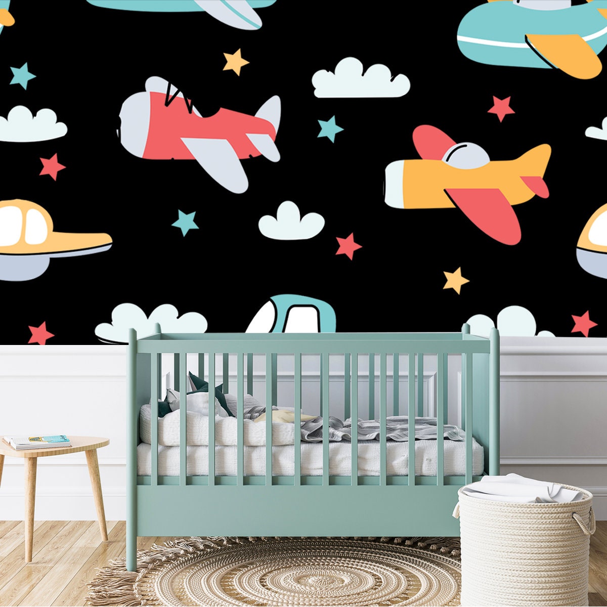 Cartoon Kids Airplane and Helicopter. Nursery Wallpaper with Fly Planes and Clouds Wallpaper Boy Nursery Mural