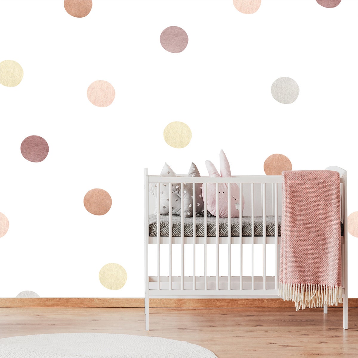 Watercolor Abstract Pastel Geometric.  Freehand Aesthetic Background with Polka Dot Wallpaper Girl Nursery Mural