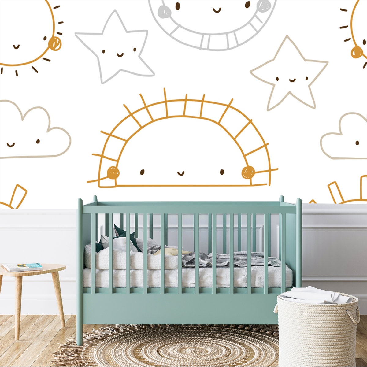 Cute Smiling Sun on White Background. Cute Simple Print Wallpaper Boy Nursery
