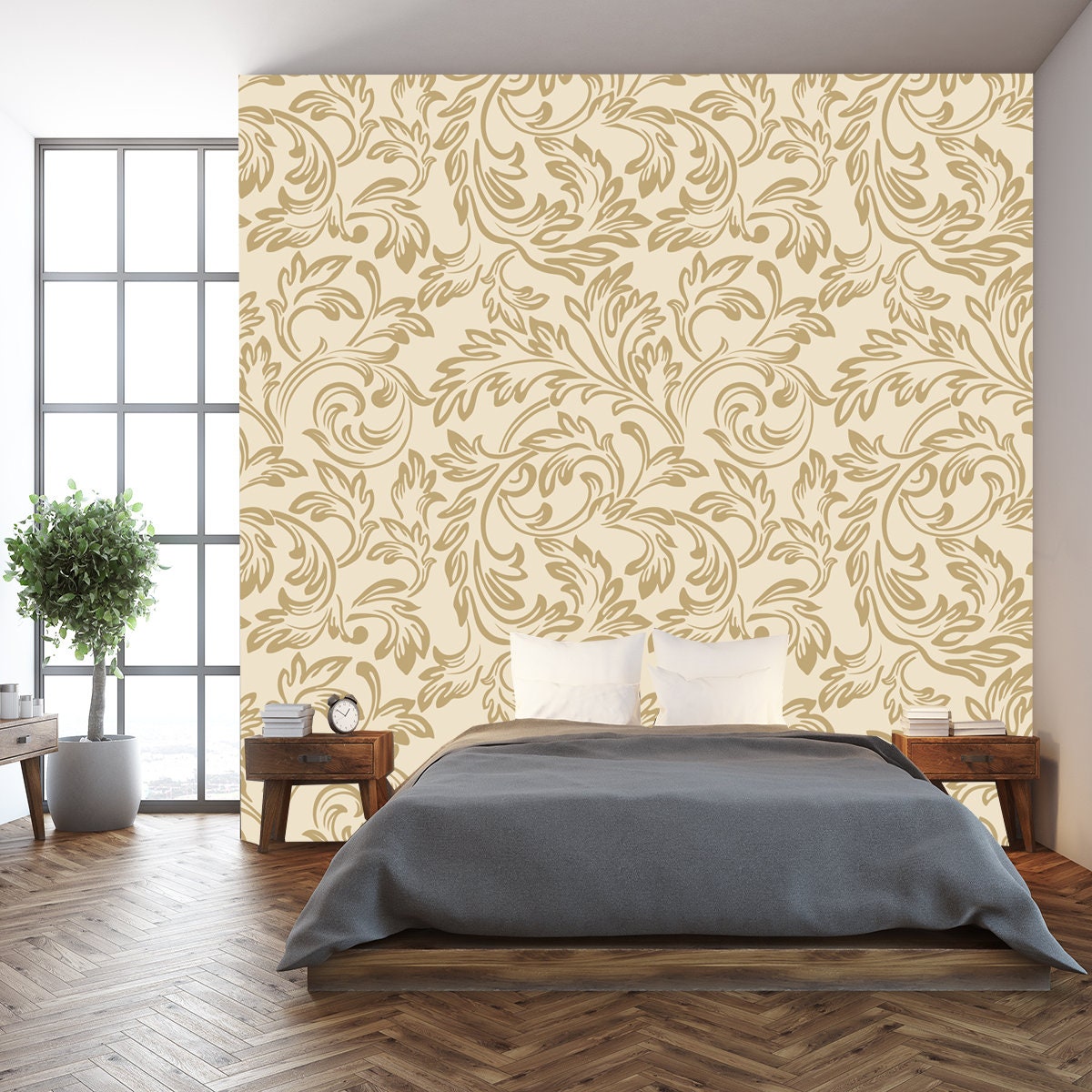 Baroque wallpaper. Ornate Decorative Gold Leaves in Art Deco Style Wallpaper Living Room Mural