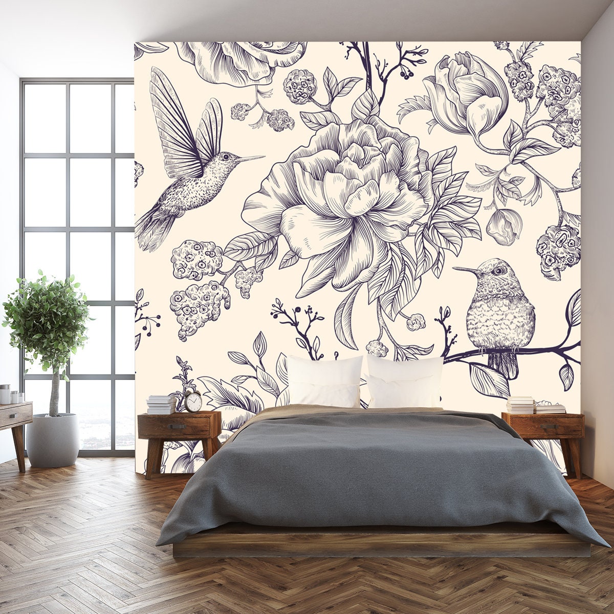 Sketch Pattern with Birds and Flowers. Hummingbirds and Flowers, Retro Style, Antique Backdrop Wallpaper Living Room Mural