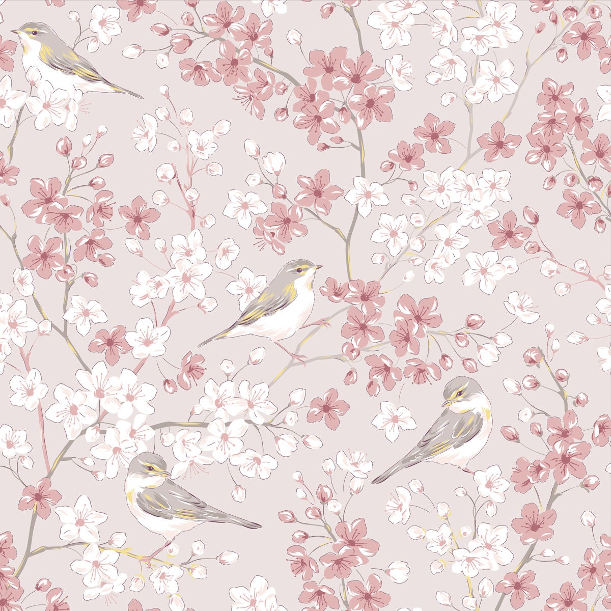 Willow Warbler Bird in Spring Sakura Cherry Blossom Garden. Vintage Romantic Nature Hand Drawn Print Wallpaper Dining Room Mural