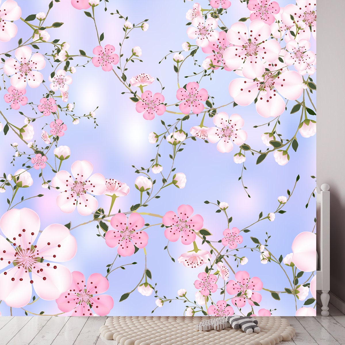 Blossoming Branches of Japanese Cherry on Blue Abstract Background in a Random Arrangement Wallpaper Girl Bedroom Mural