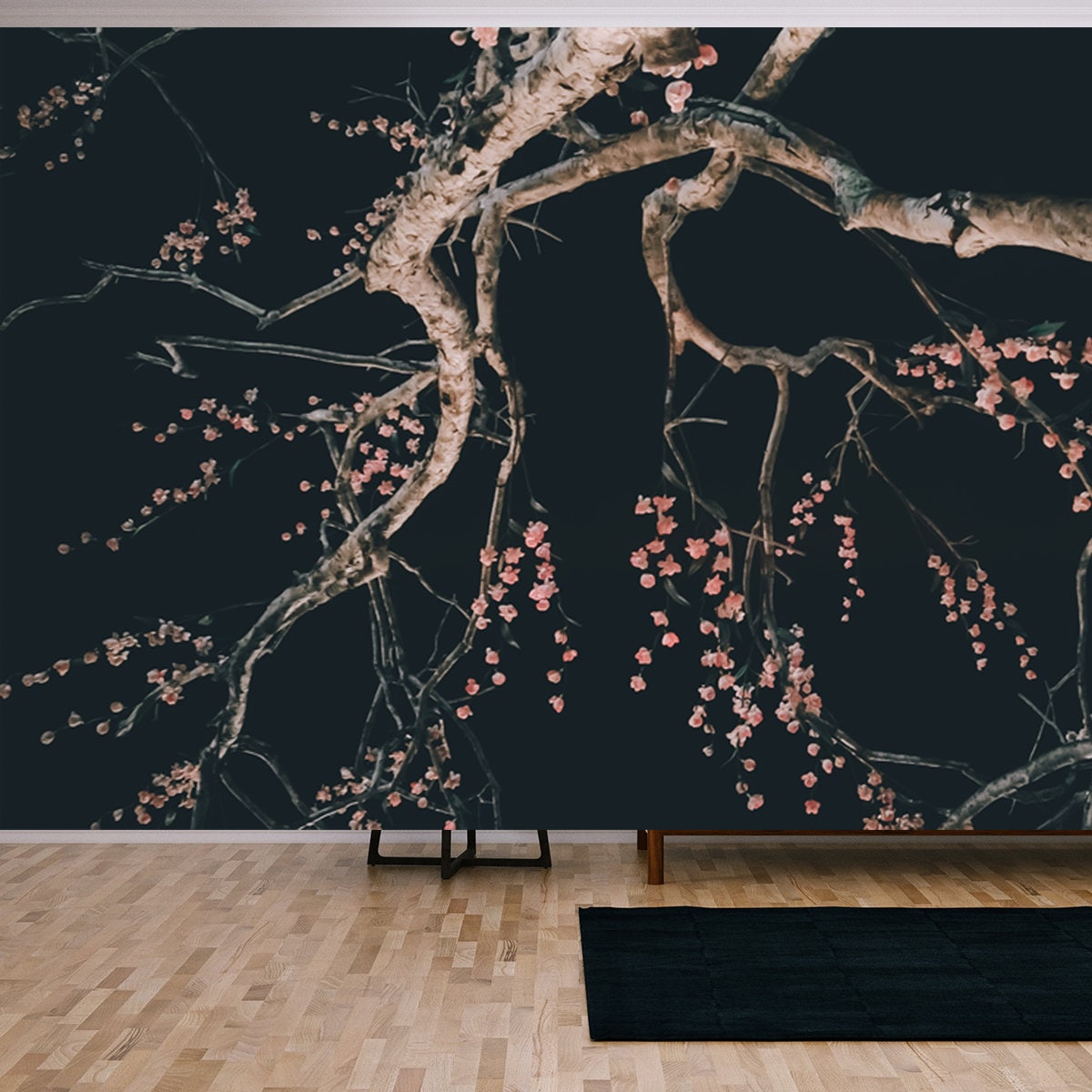 Abstract Blurred Artificial of Pink Sakura Flower Decorate on Dry Tree in Night Garden Wallpaper Living Room Mural
