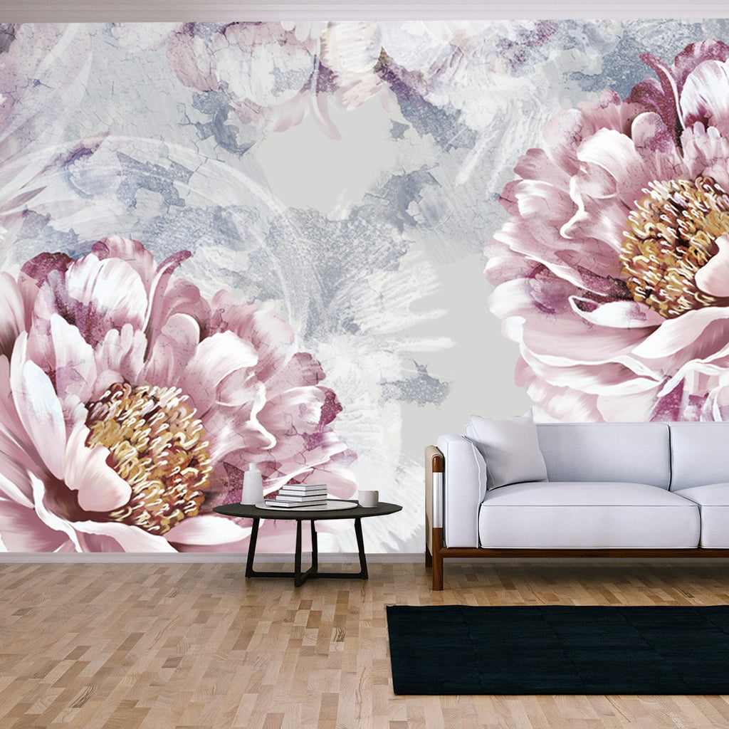 Drawn Art Peonies with Imitation of Scuffs Wallpaper Living Room Mural ...