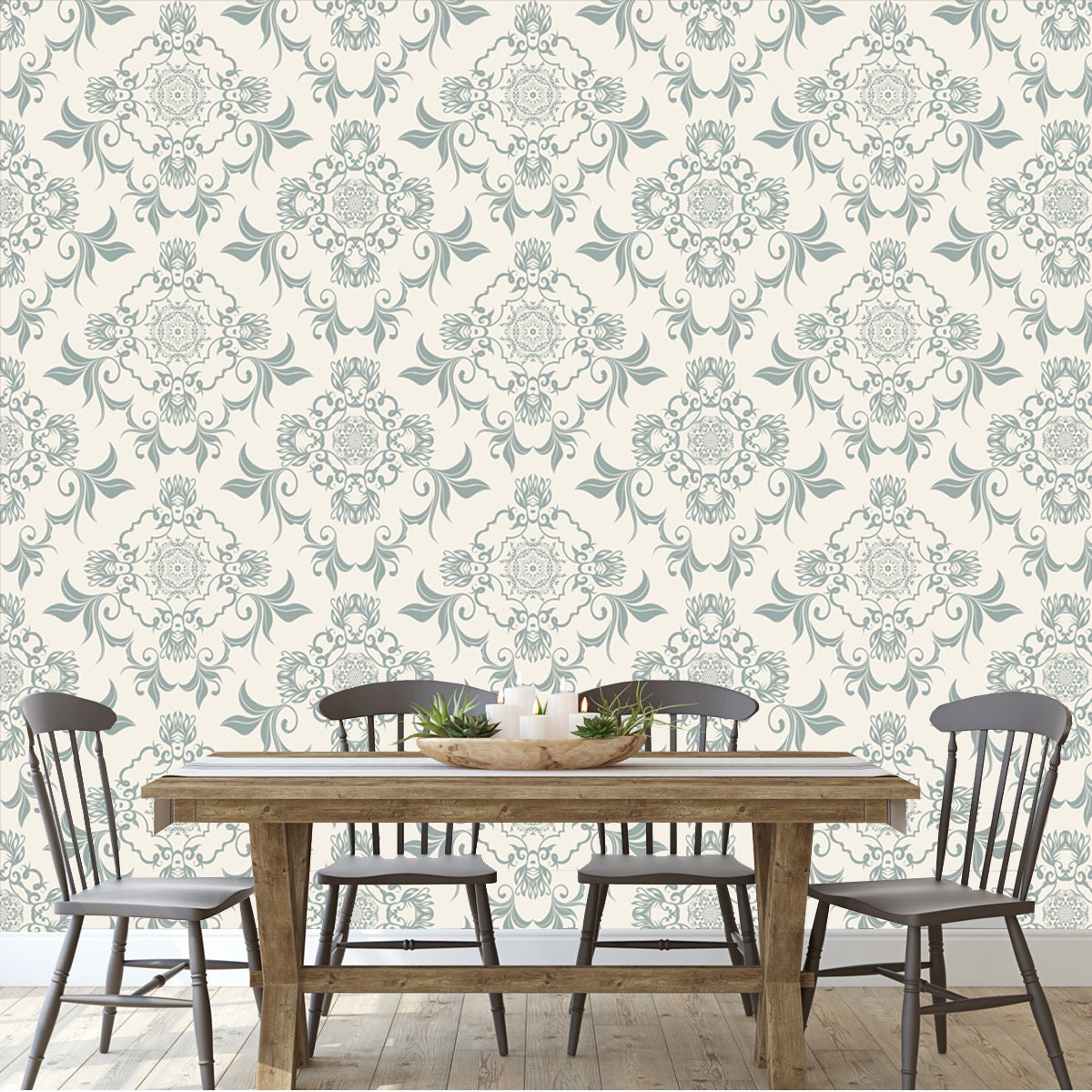 Grey Floral Ornament on Background Wallpaper Dining Room Mural