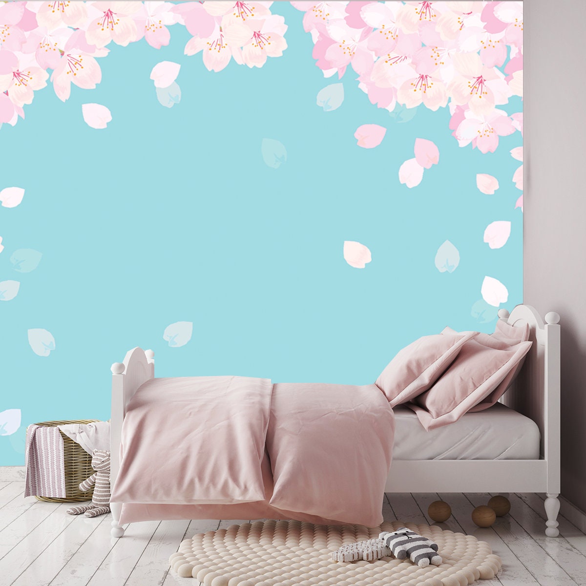 Pink Cherry Blossom on Blue Background Wallpaper Girl Bedroom Mural