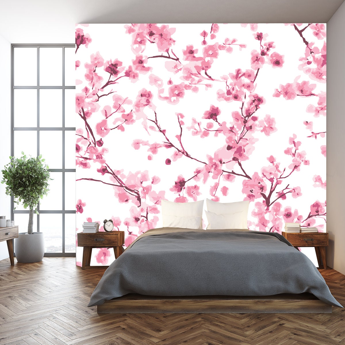 Beautiful Cherry Blossom Flowers, Sakura Branch Flowers Watercolor Painting Wallpaper Living Room Mural