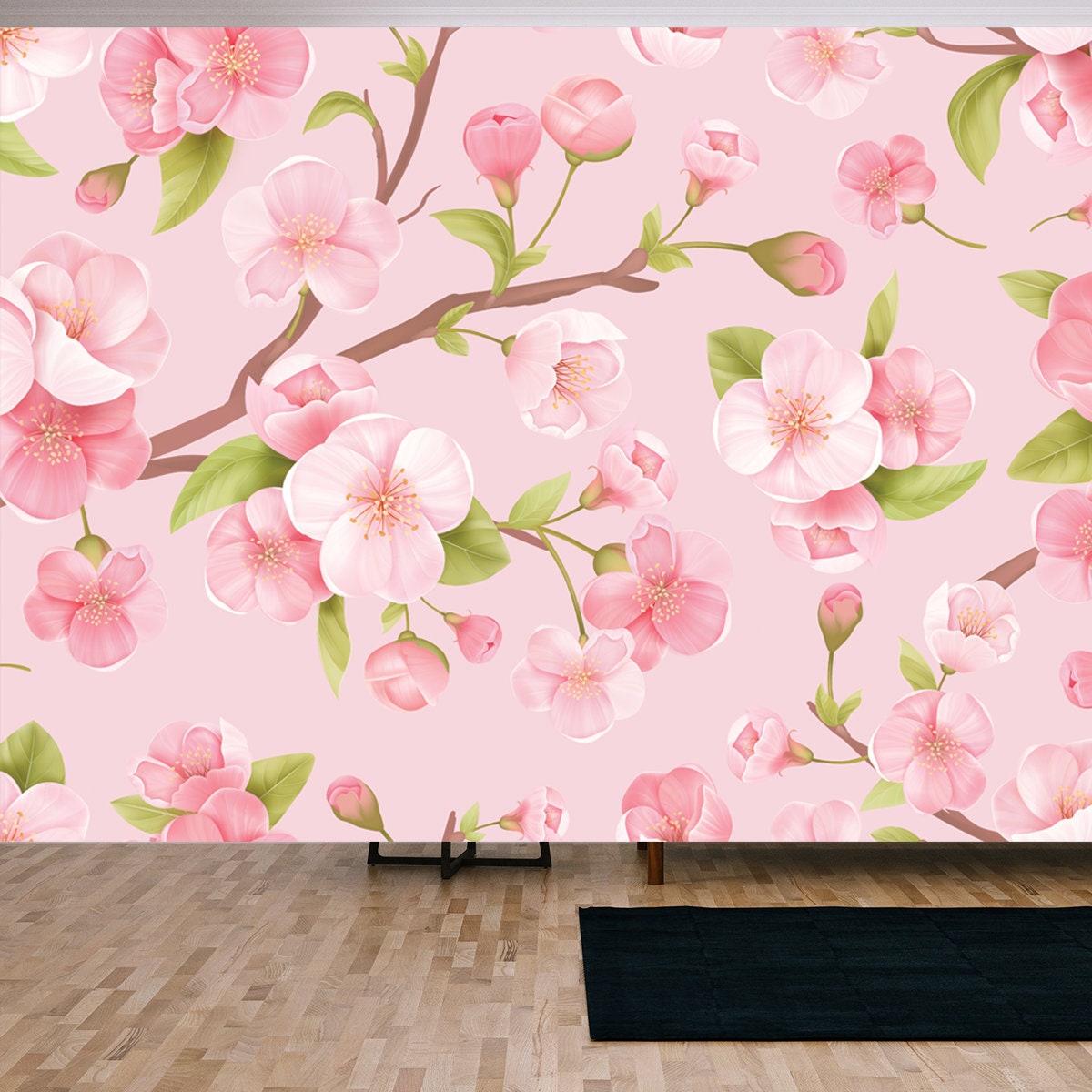 Realistic Pink Sakura Blossom. Japanese Flowering Cherry Exotic Texture Wallpaper Living Room Mural