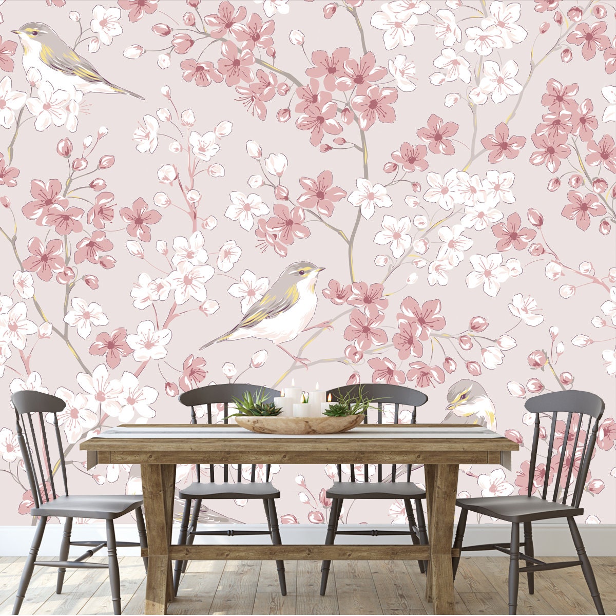 Willow Warbler Bird in Spring Sakura Cherry Blossom Garden. Vintage Romantic Nature Hand Drawn Print Wallpaper Dining Room Mural