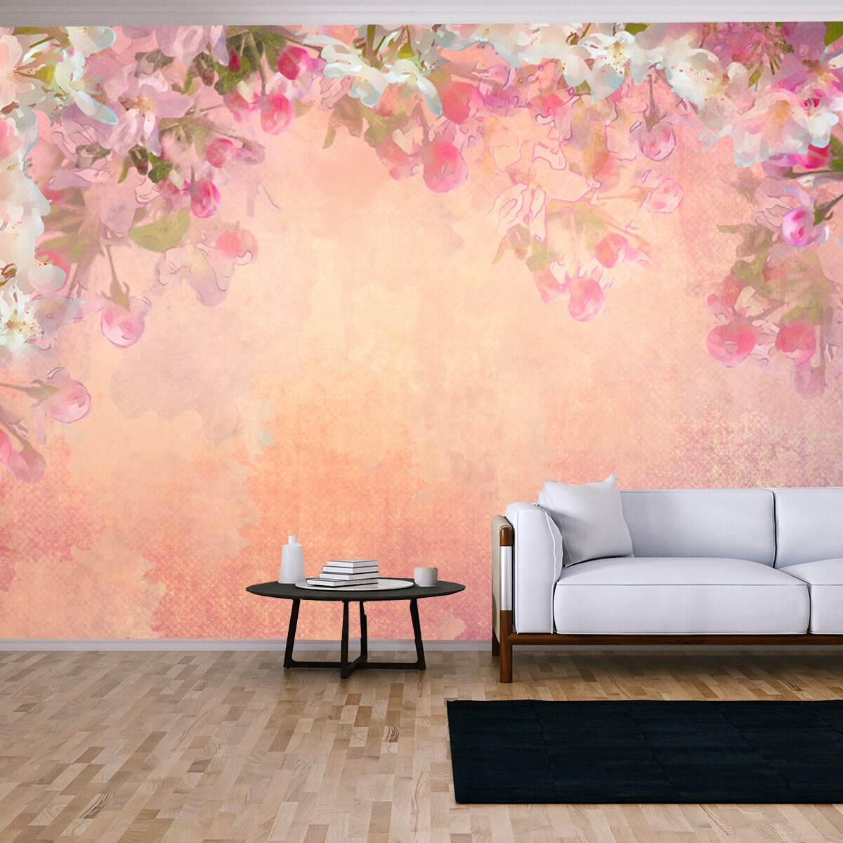 Spring Cherry Blossom Vintage Background. Sakura Flowers on Canvas Wallpaper Living Room Mural