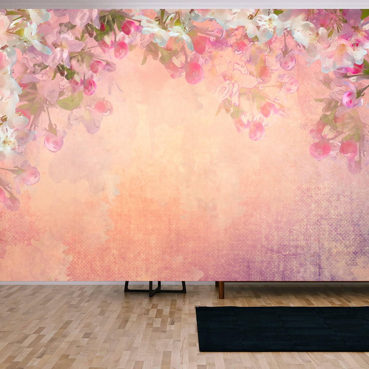 Spring Cherry Blossom Vintage Background. Sakura Flowers on Canvas Wallpaper Living Room Mural