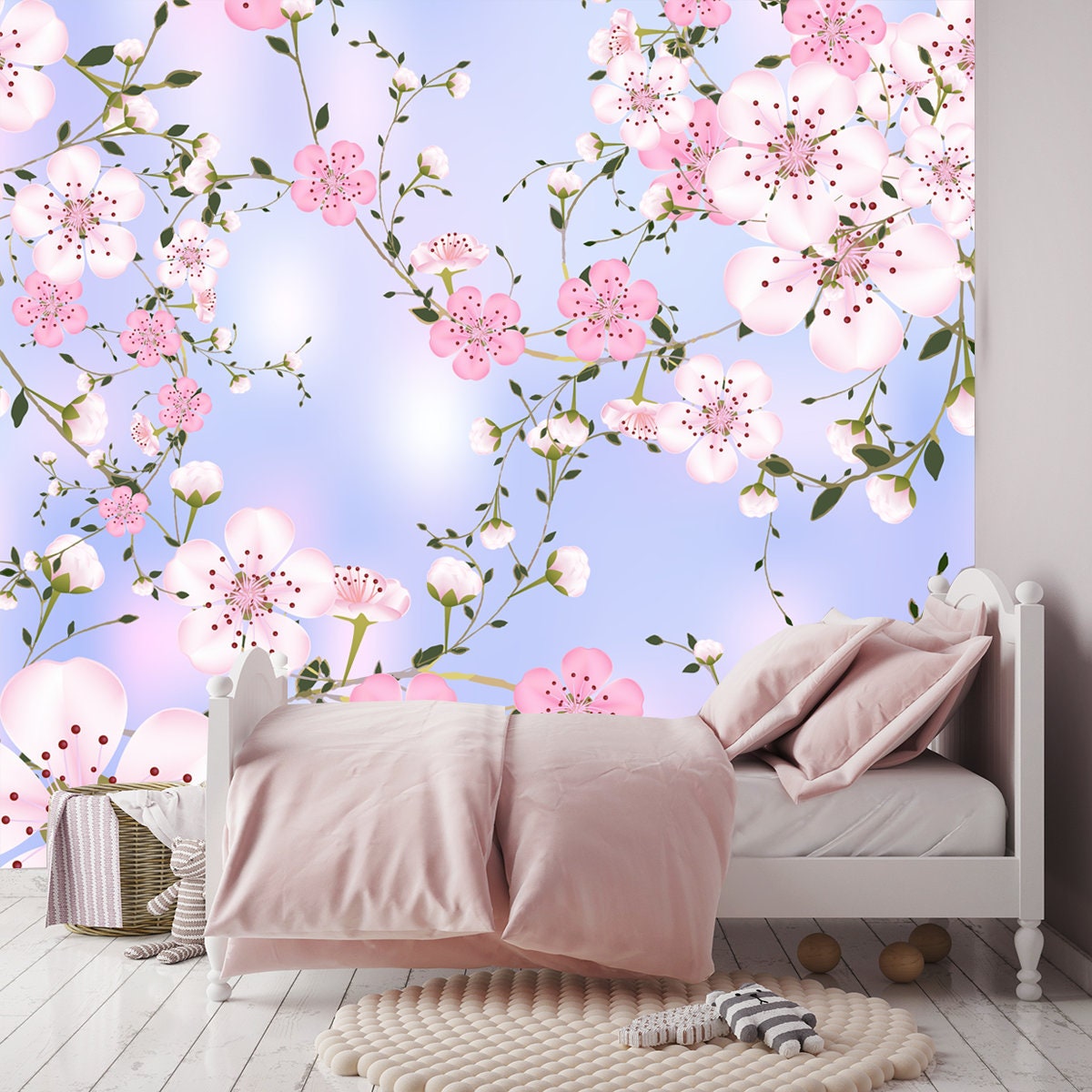 Blossoming Branches of Japanese Cherry on Blue Abstract Background in a Random Arrangement Wallpaper Girl Bedroom Mural