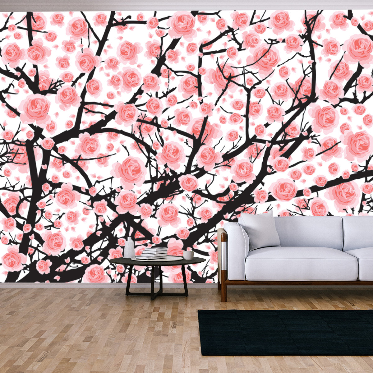Full Bloom Pink Sakura Tree (Cherry Blossom) Black Wood Isolated on White, Flower Branch Backdrop Wallpaper Living Room Mural