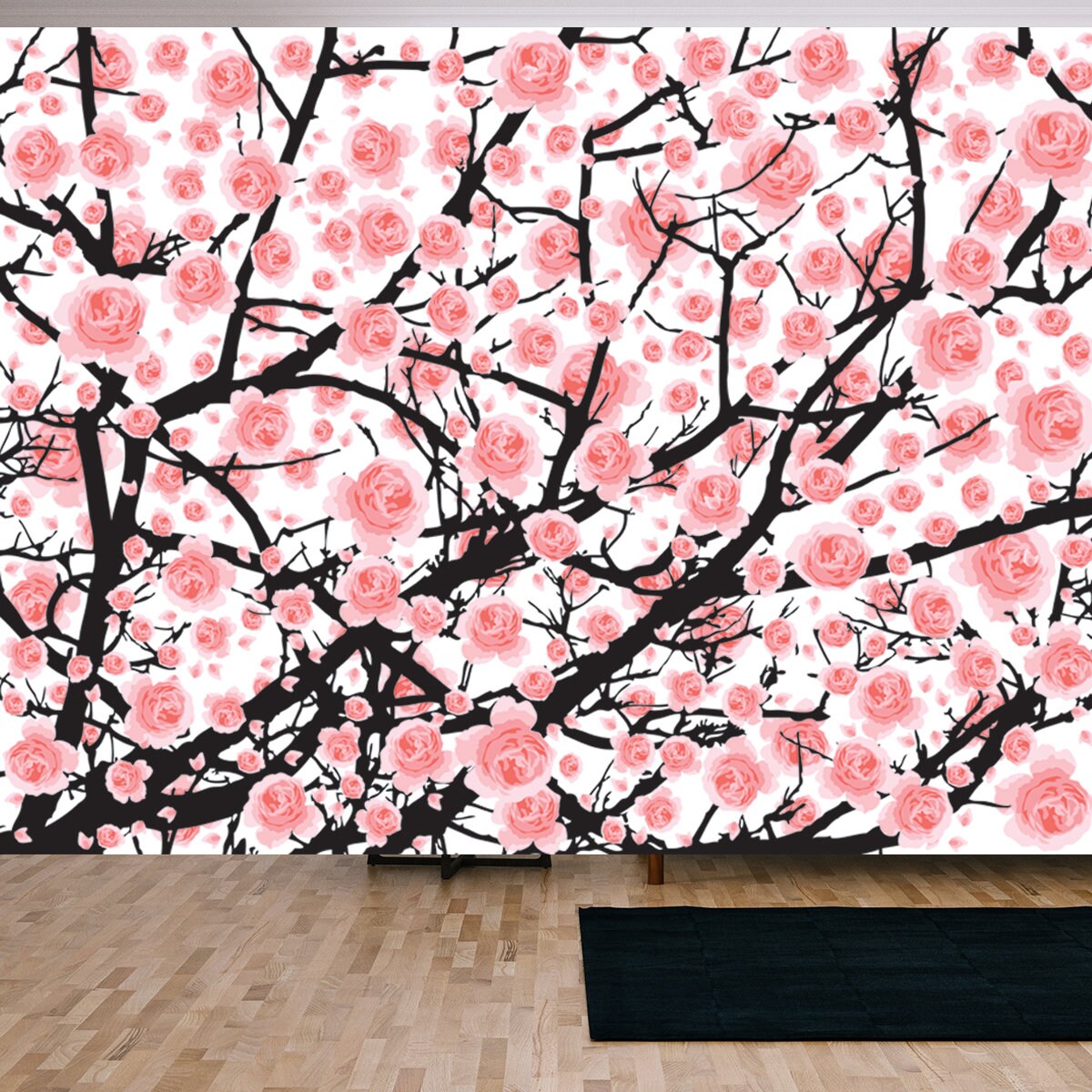 Full Bloom Pink Sakura Tree (Cherry Blossom) Black Wood Isolated on White, Flower Branch Backdrop Wallpaper Living Room Mural