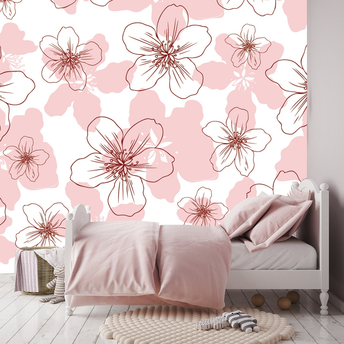 Apple Flower Blossom Hand Drawn Isolated on White Background Wallpaper Girls Bedroom Mural