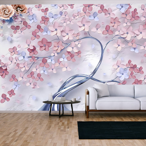 3D Wallpaper Luxury Tree and 3D Flower with Texture Background Wallpaper Living Room Mural