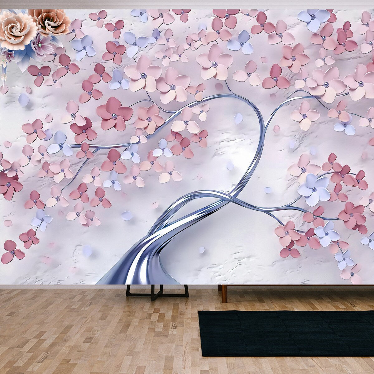 3D Wallpaper Luxury Tree and 3D Flower with Texture Background Wallpaper Living Room Mural